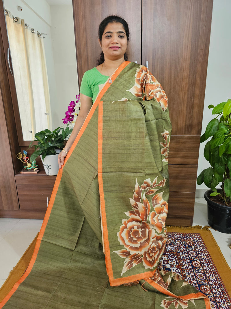 Semi Tussar with Striped Zari Weaving Saree - Green with Orange