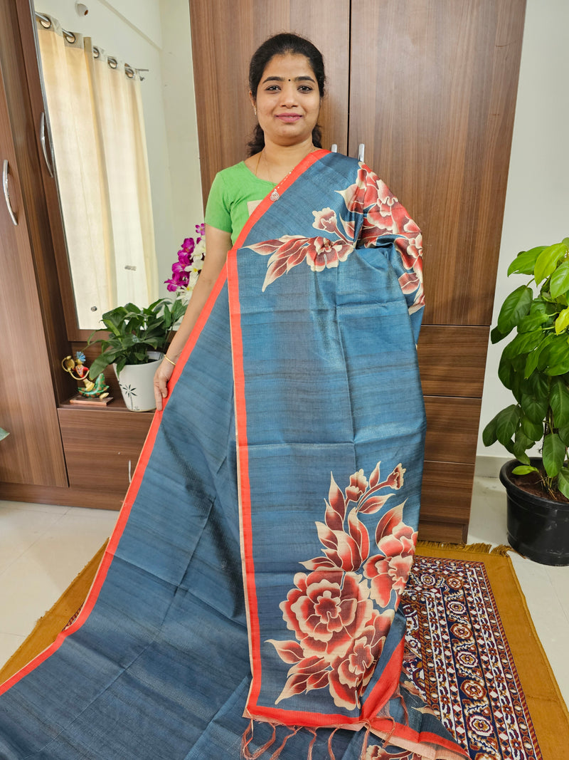 Semi Tussar with Striped Zari Weaving Saree - Grey with Dark Orange