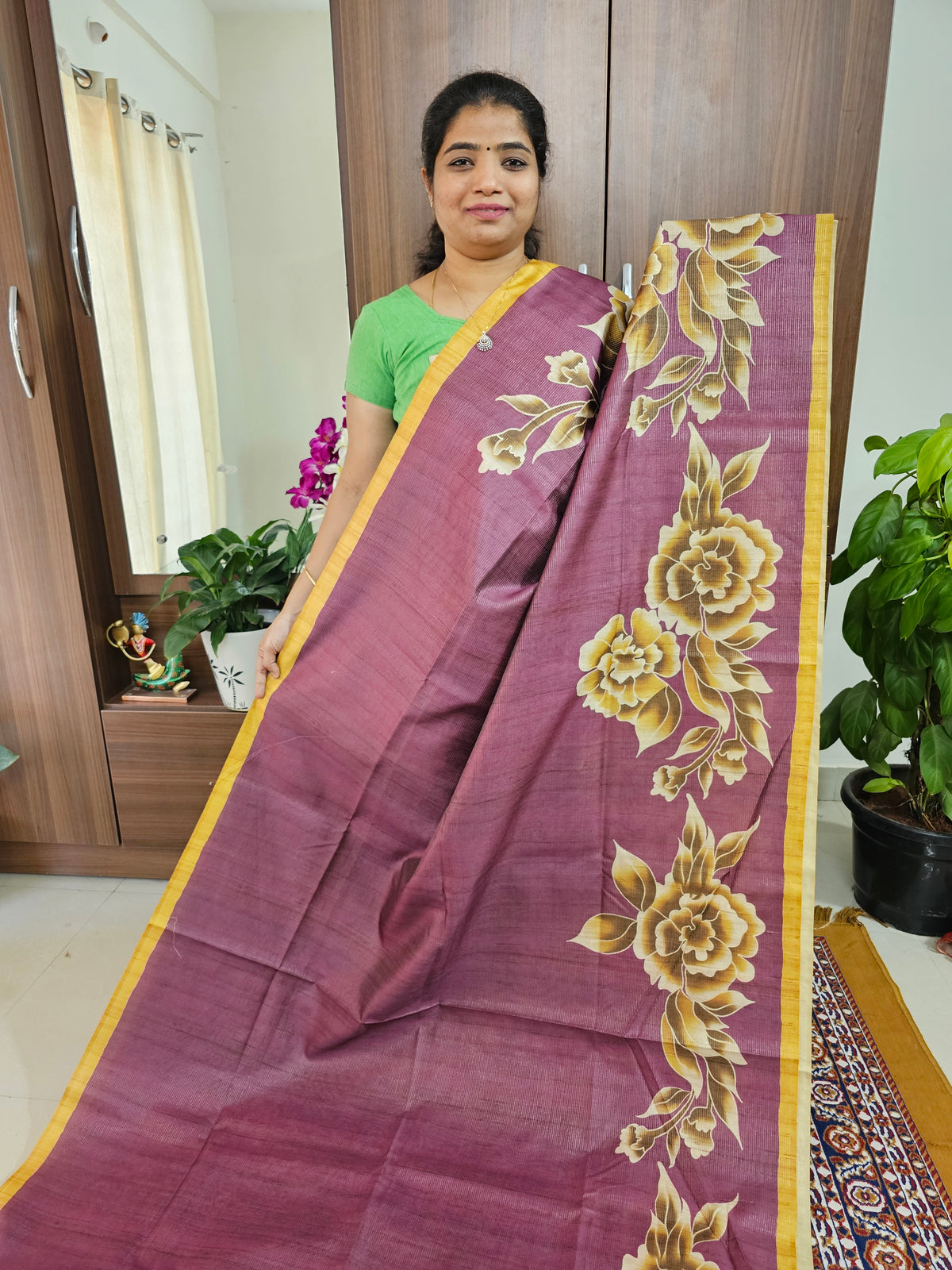 Semi Tussar with Striped Zari Weaving Saree - Purple with Mustrd  Yellow