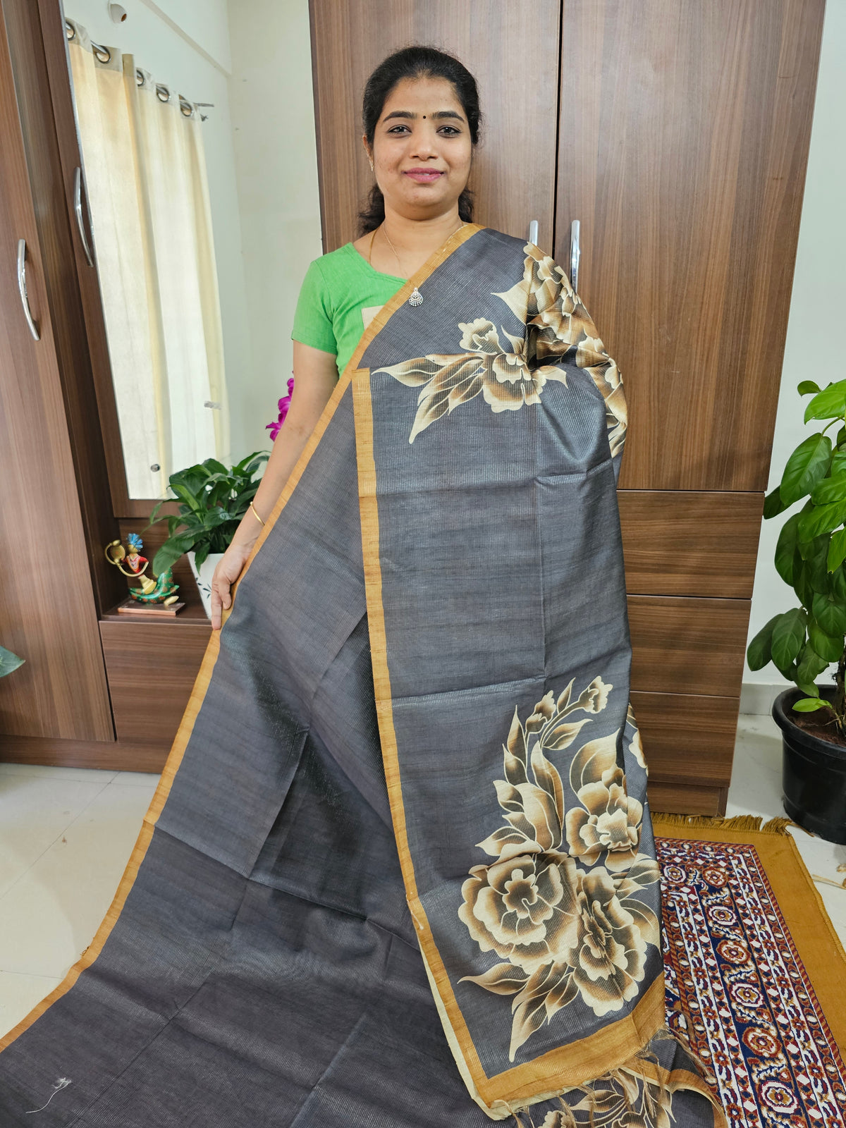 Semi Tussar with Striped Zari Weaving Saree - Grey with Brown