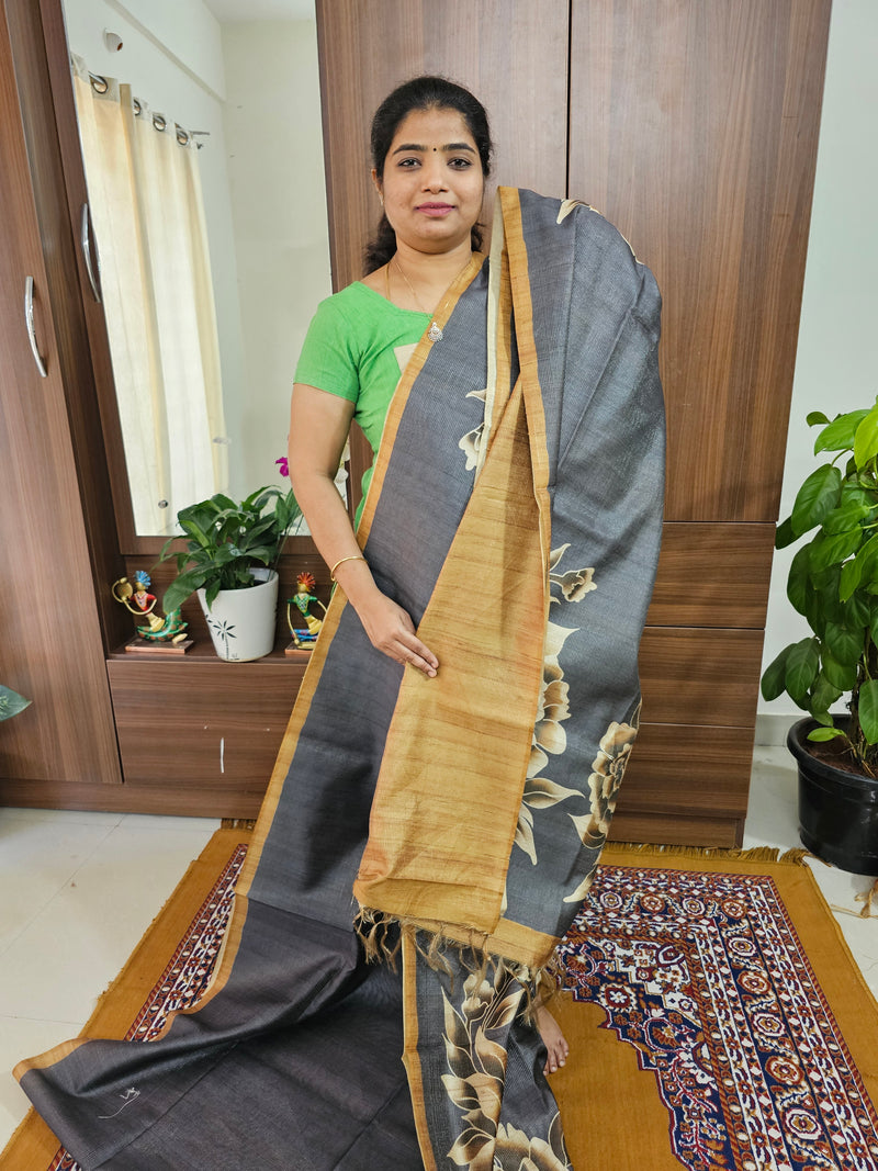 Semi Tussar with Striped Zari Weaving Saree - Grey with Brown