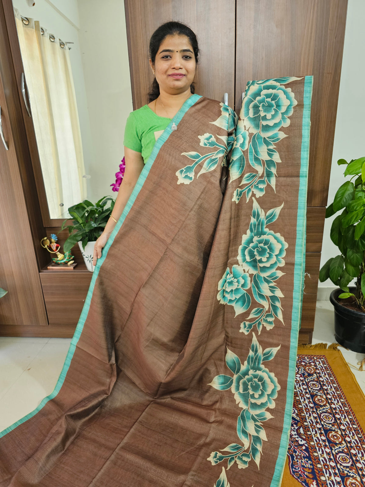 Semi Tussar with Striped Zari Weaving Saree - Dark Brown with Blue