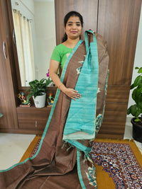 Semi Tussar with Striped Zari Weaving Saree - Dark Brown with Blue