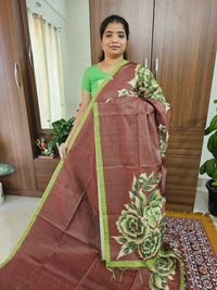 Semi Tussar with Striped Zari Weaving Saree - Brown with Green