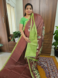 Semi Tussar with Striped Zari Weaving Saree - Brown with Green