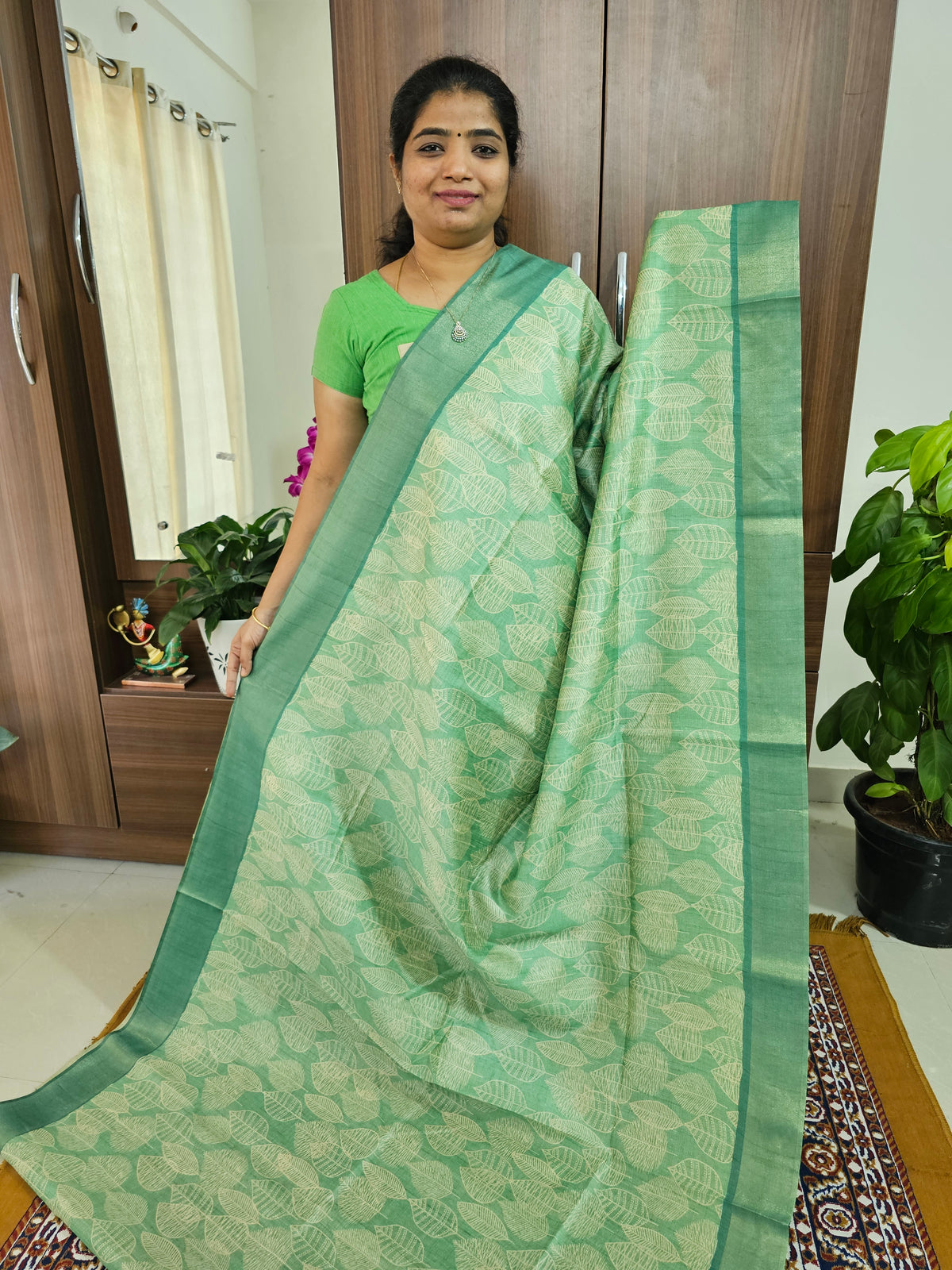 Semi Ghicha with Floral Pattern Saree - Sea Green