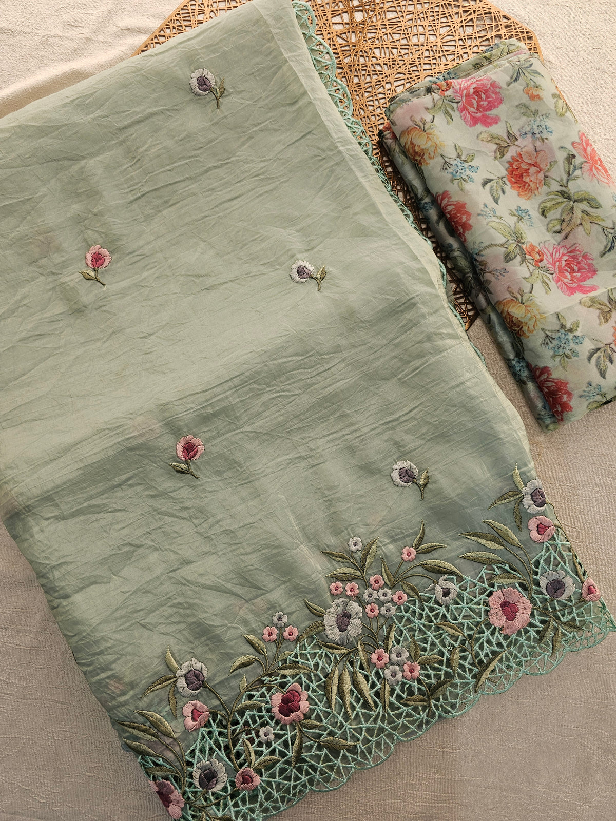 Premium Crushed Designer Soft Saree with Cut Work Emboridery -  Pastel Green