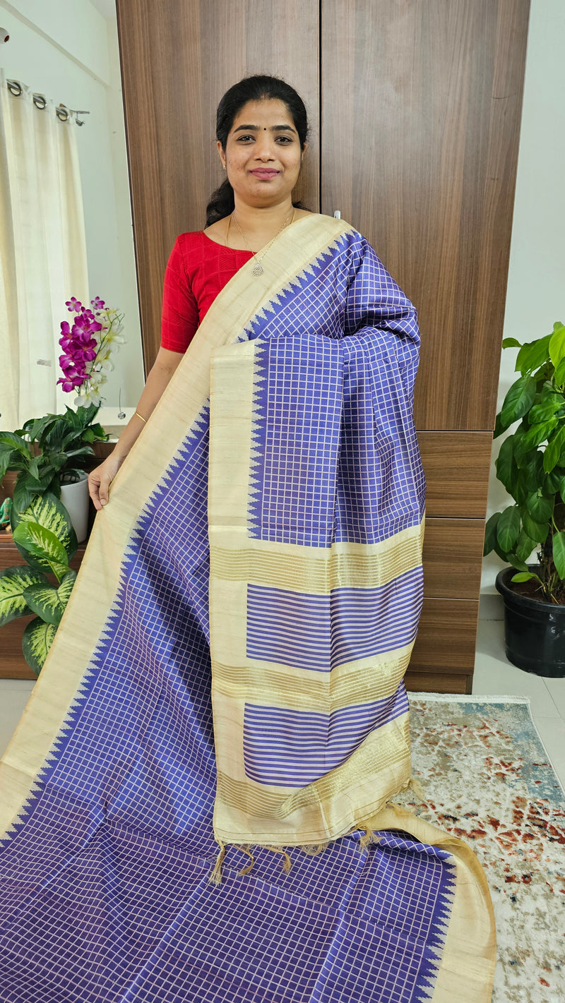 Semi Tussar Digital Prints with Contrast Border - Violet  with Cream