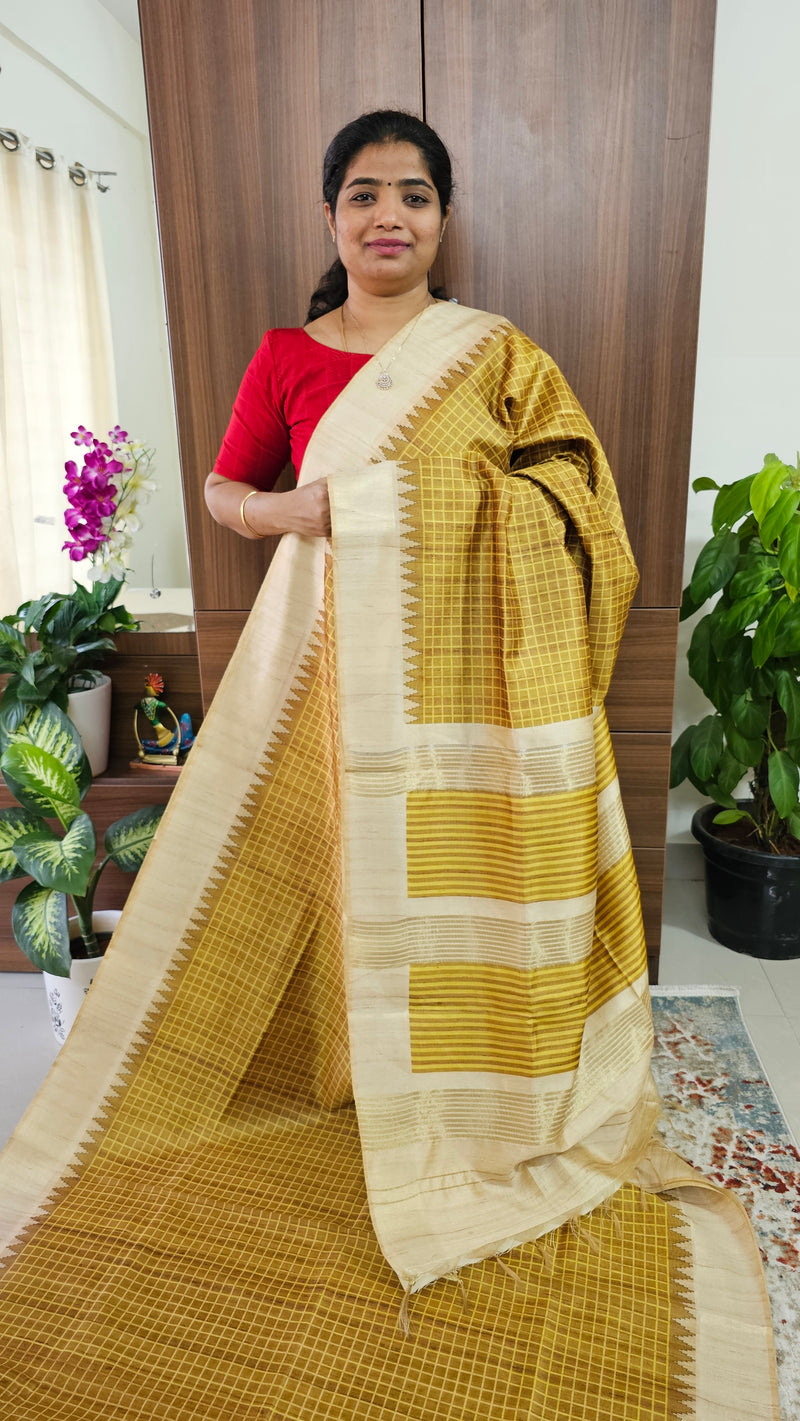 Semi Tussar Digital Prints with Contrast Border - Mustard Yellow with Cream