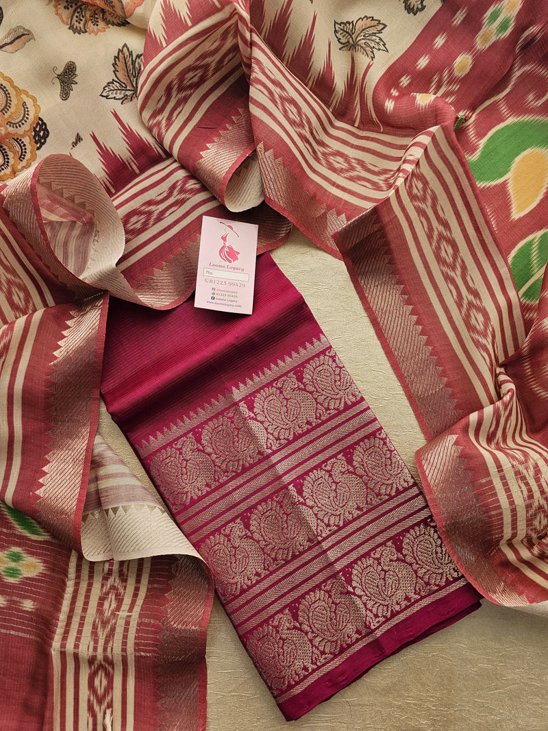 Mangalagiri Pattu Unstitched Suit - Beetroot