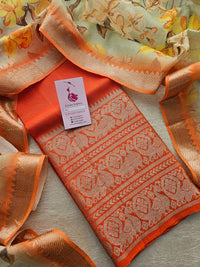 Mangalagiri Pattu Unstitched Suit - Orange