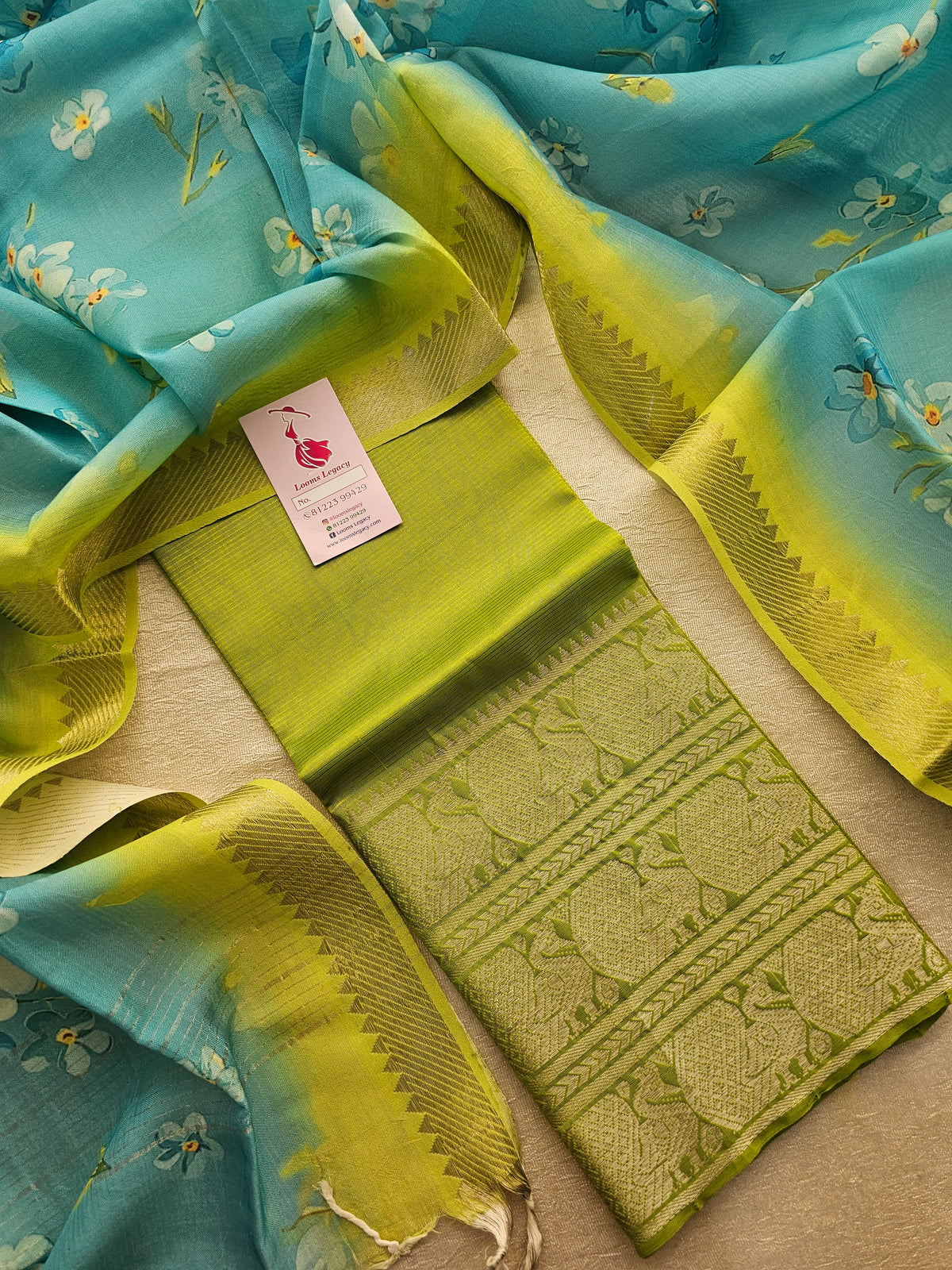 Mangalagiri Pattu Unstitched Suit - Parrot Green