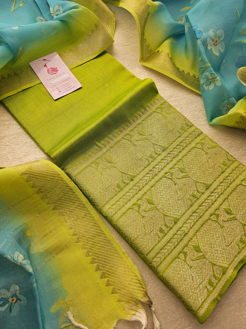 Mangalagiri Pattu Unstitched Suit - Parrot Green