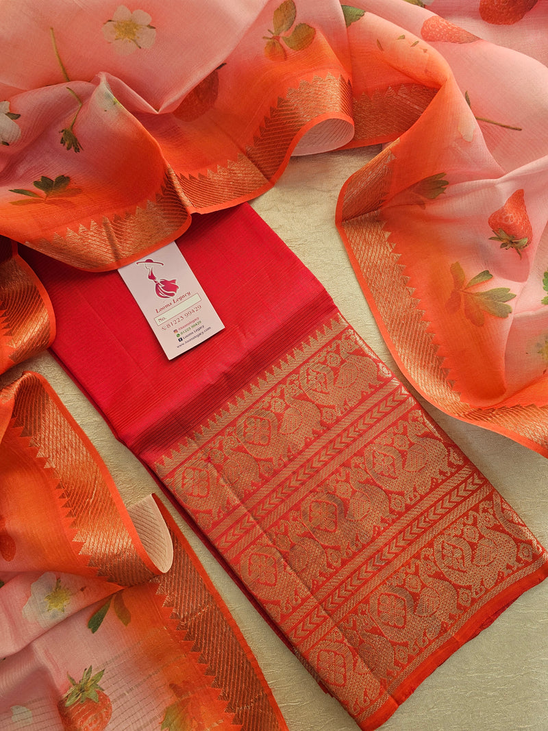 Mangalagiri Pattu Unstitched Suit - Reddish Orange