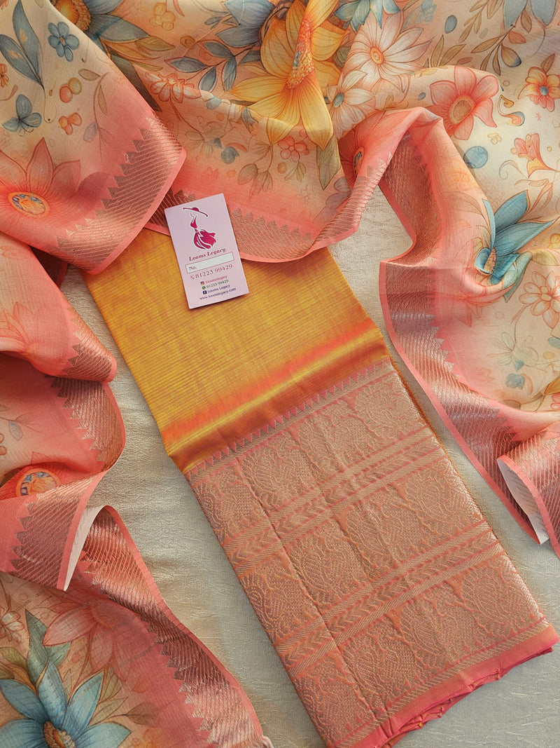 Mangalagiri Pattu Unstitched Suit - Yellowish Orange