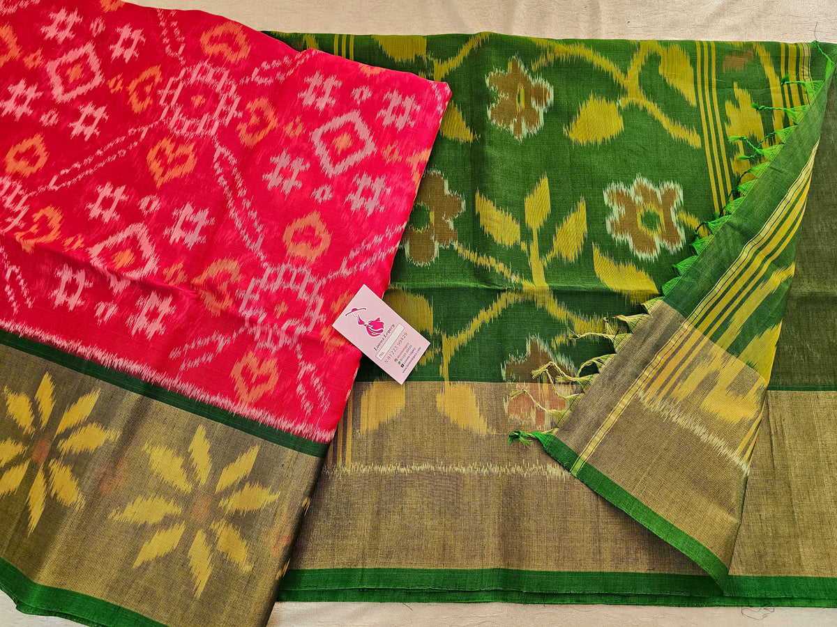 Pink with Green Pochampally Ikkat Silk Cotton (SICO Pattu)