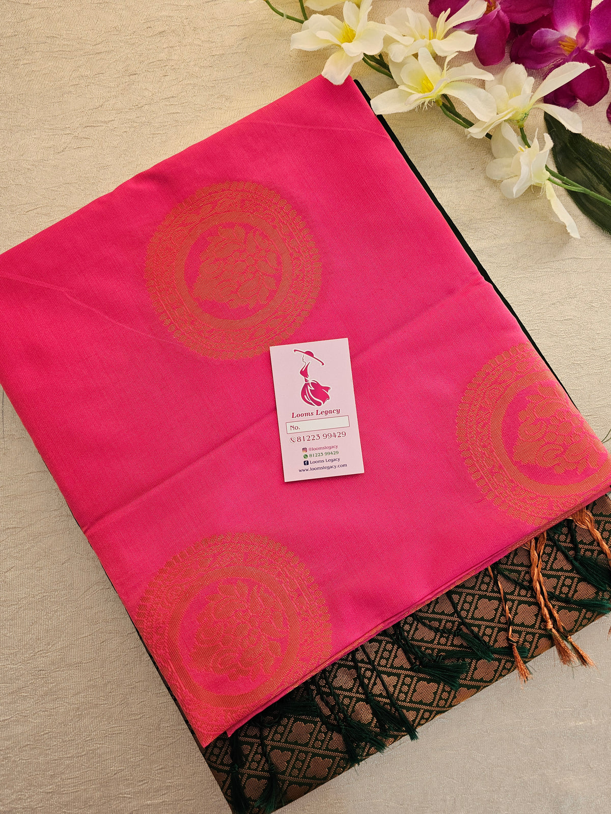 Pink with Bottle Green Copper Zari Woven Border Semi Soft Silk Saree