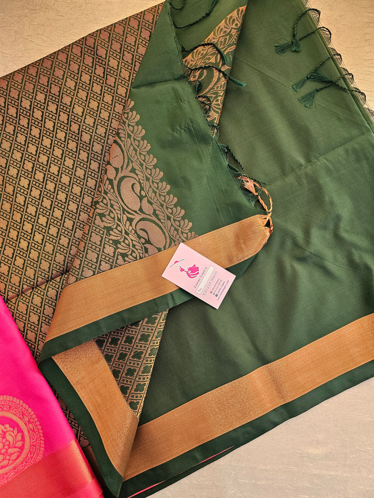 Pink with Bottle Green Copper Zari Woven Border Semi Soft Silk Saree