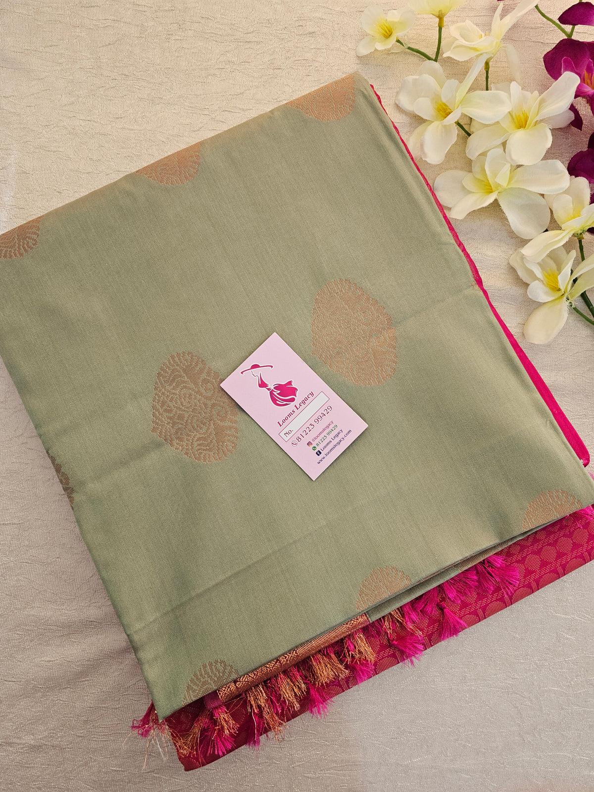 Pastel Green with Pink Copper Zari Woven Border Semi Soft Silk Saree