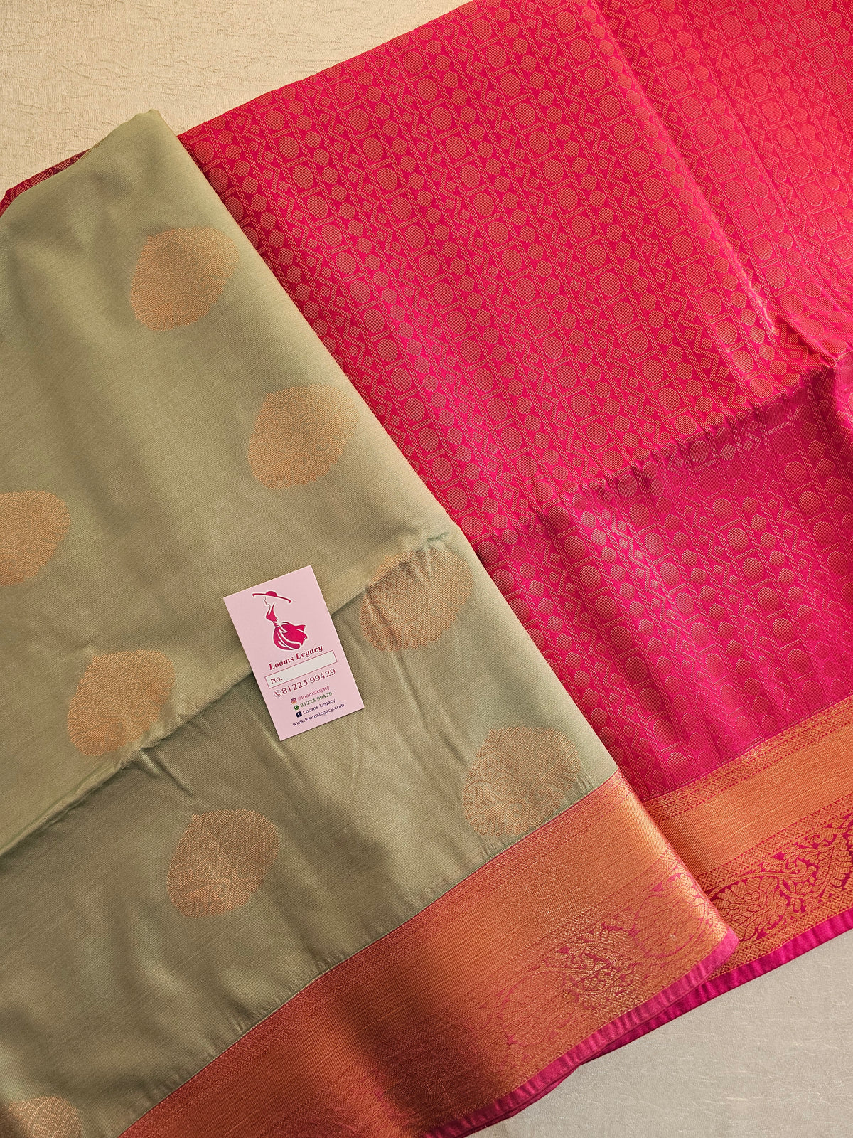 Pastel Green with Pink Copper Zari Woven Border Semi Soft Silk Saree