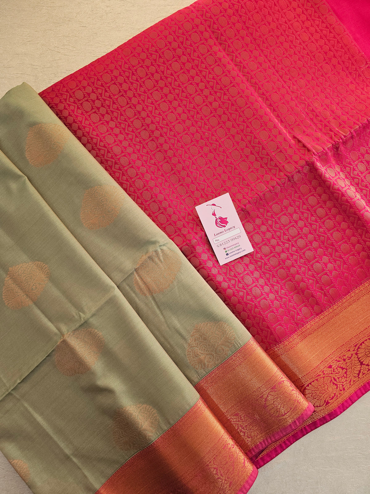 Pastel Green with Pink Copper Zari Woven Border Semi Soft Silk Saree