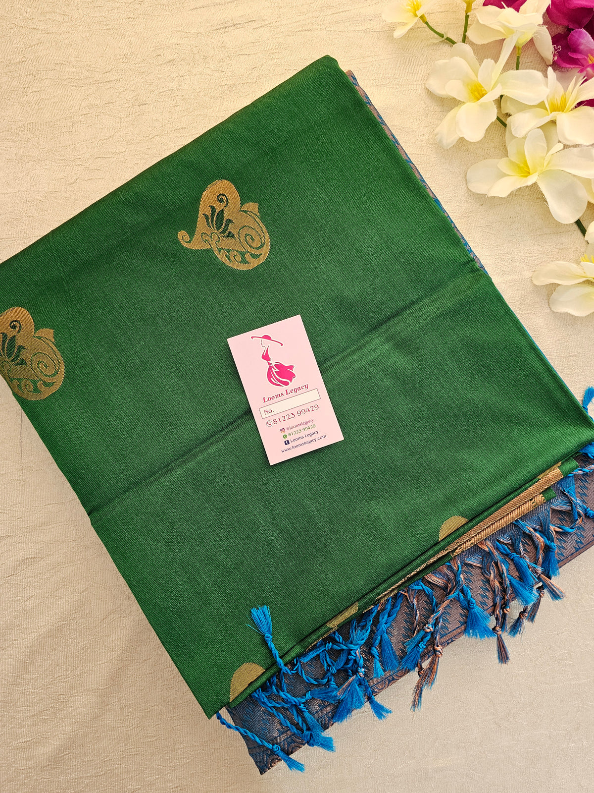 Bottle Green with Blue Copper Zari Woven Border Semi Soft Silk Saree