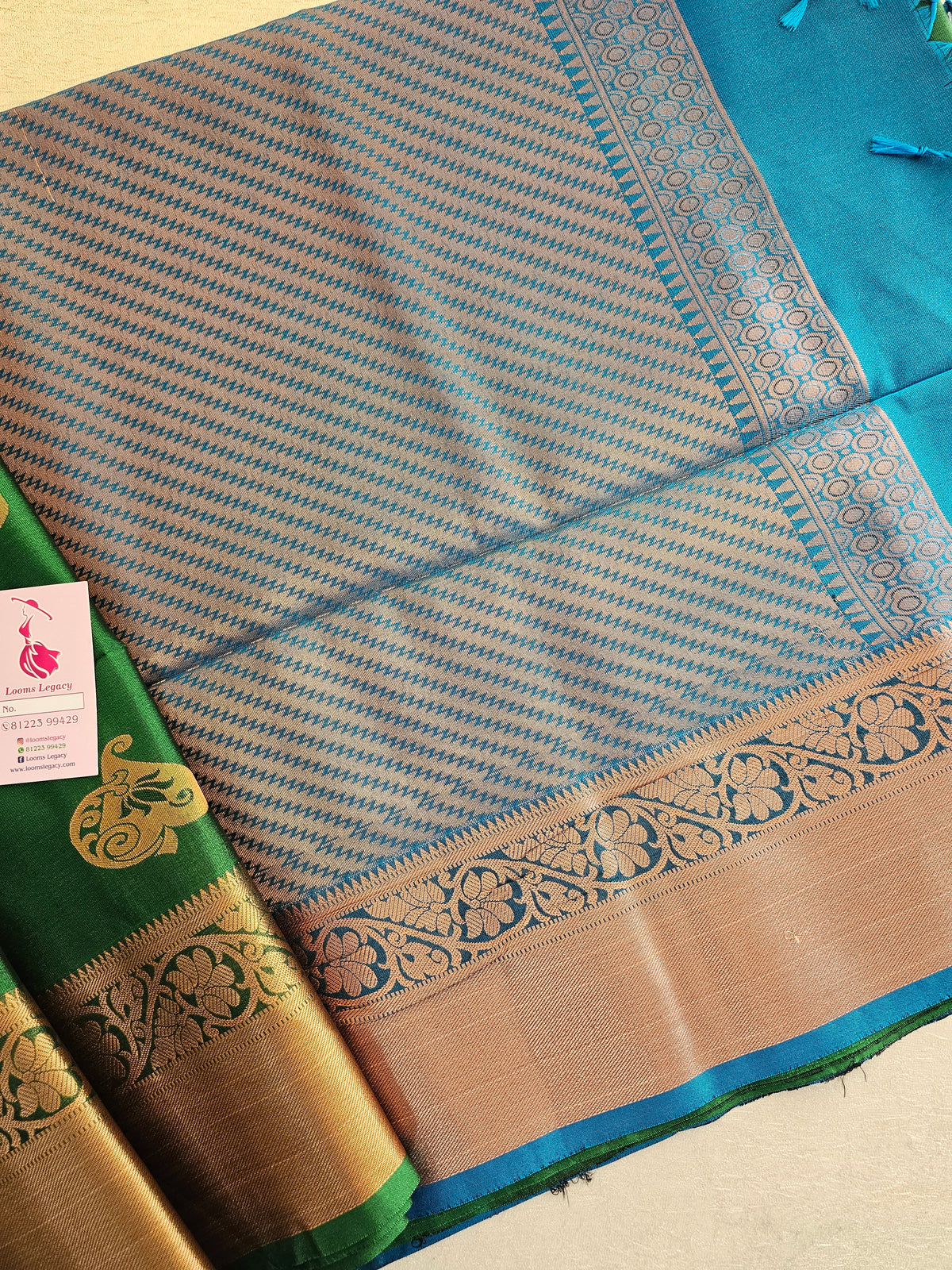 Bottle Green with Blue Copper Zari Woven Border Semi Soft Silk Saree