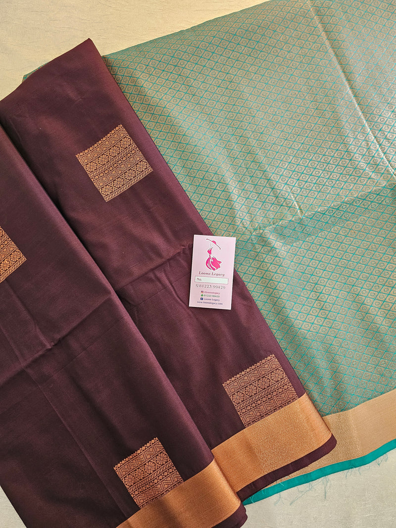 Brown with Sea Green Copper Zari Woven Border Semi Soft Silk Saree