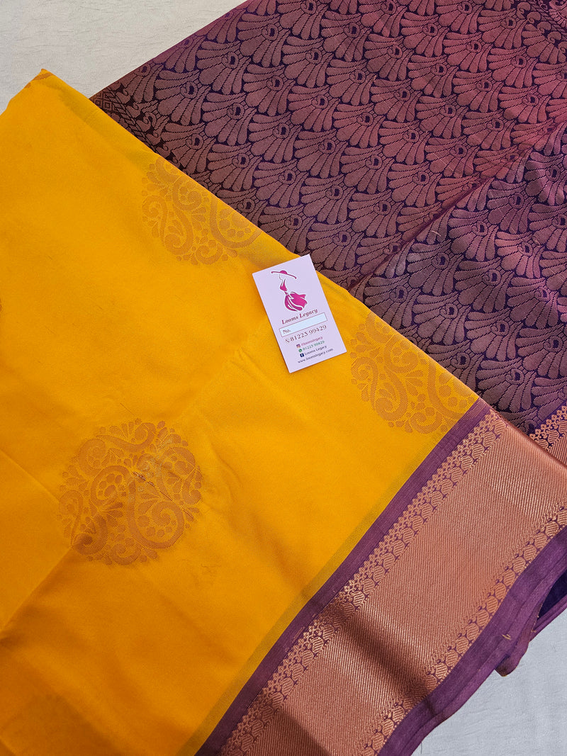 Mango Yellow with Purple Copper Zari Woven Border Semi Soft Silk Saree