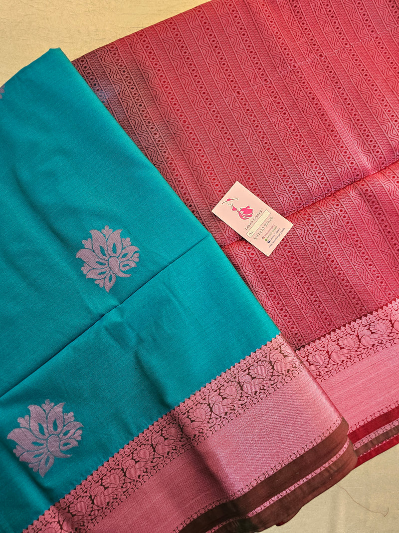 Blue with Maroon Copper Zari Woven Border Semi Soft Silk Saree