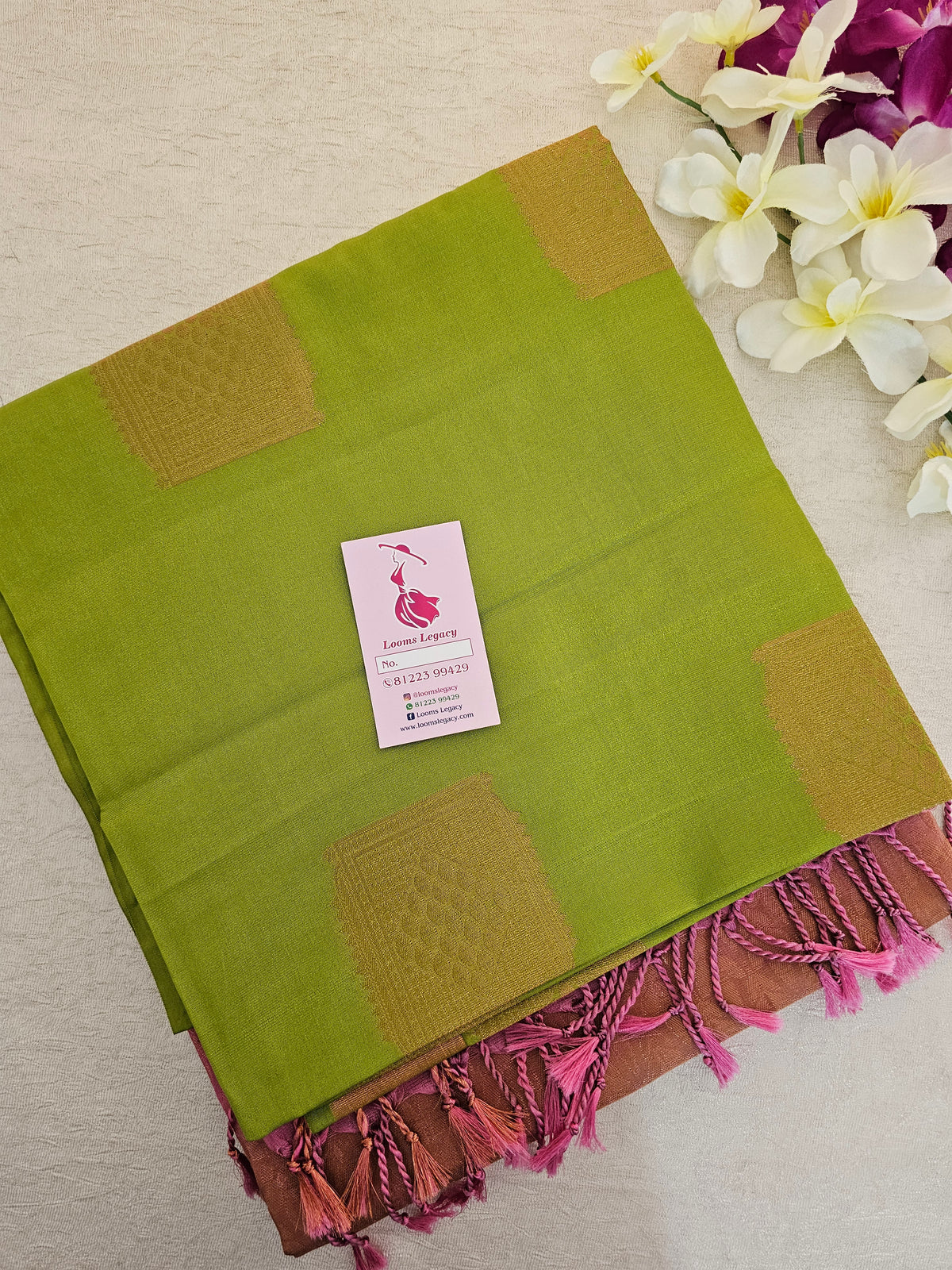 Green with Pink Copper Zari Woven Border Semi Soft Silk Saree