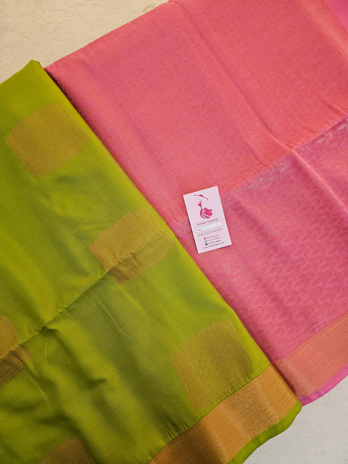 Green with Pink Copper Zari Woven Border Semi Soft Silk Saree