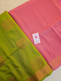 Green with Pink Copper Zari Woven Border Semi Soft Silk Saree