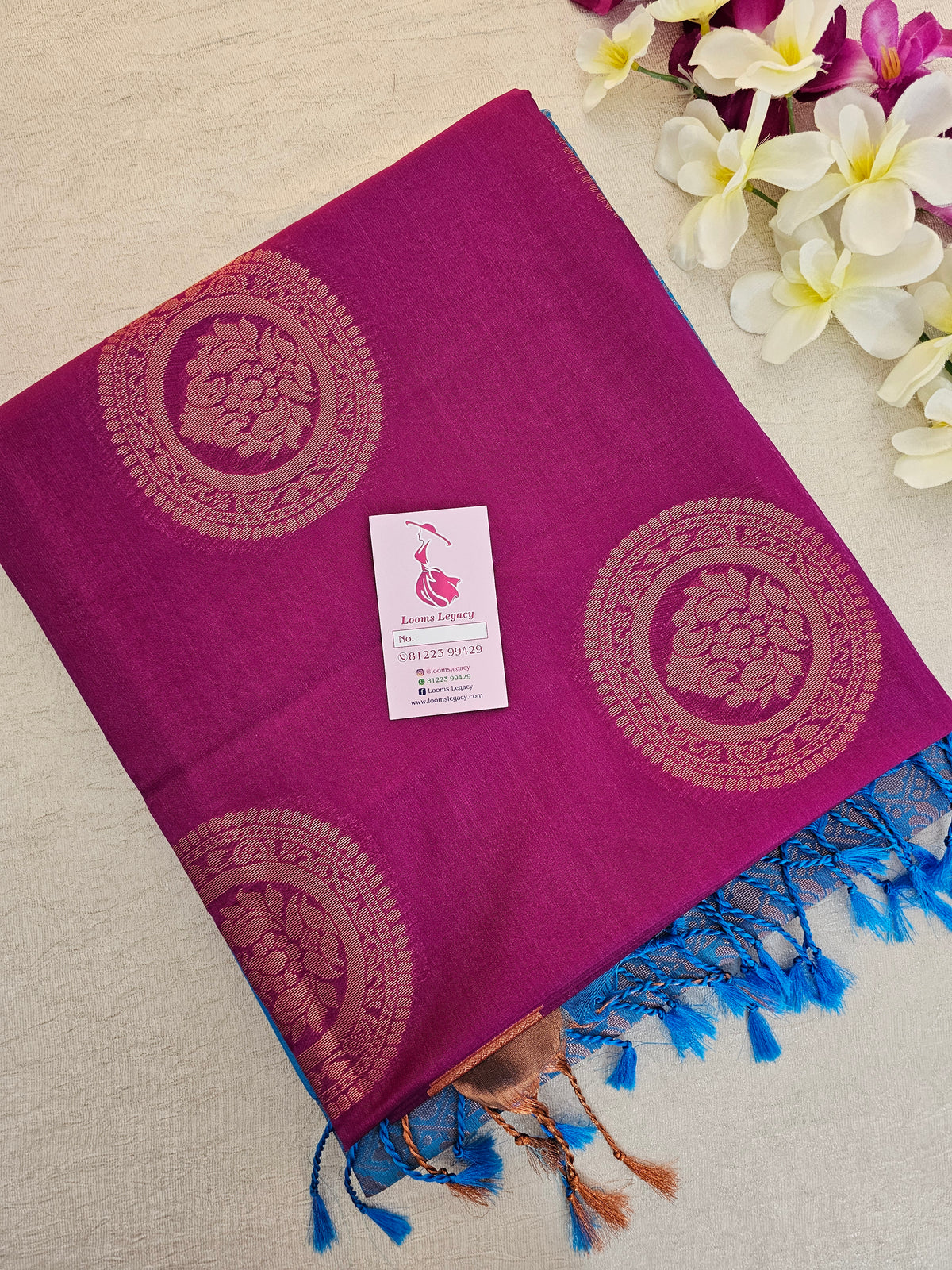 Magenta Pink with Blue Copper Zari Woven Border Semi Soft Silk Saree