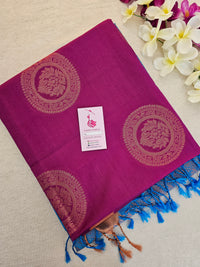 Magenta Pink with Blue Copper Zari Woven Border Semi Soft Silk Saree