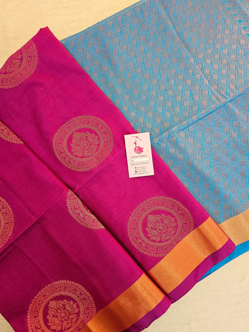 Magenta Pink with Blue Copper Zari Woven Border Semi Soft Silk Saree