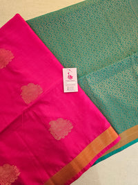 Pink with Sea Green Copper Zari Woven Border Semi Soft Silk Saree