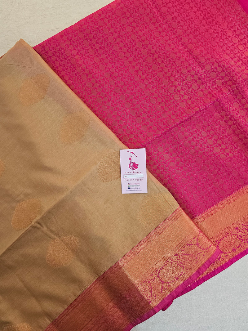 Beige with Pink Copper Zari Woven Border Semi Soft Silk Saree