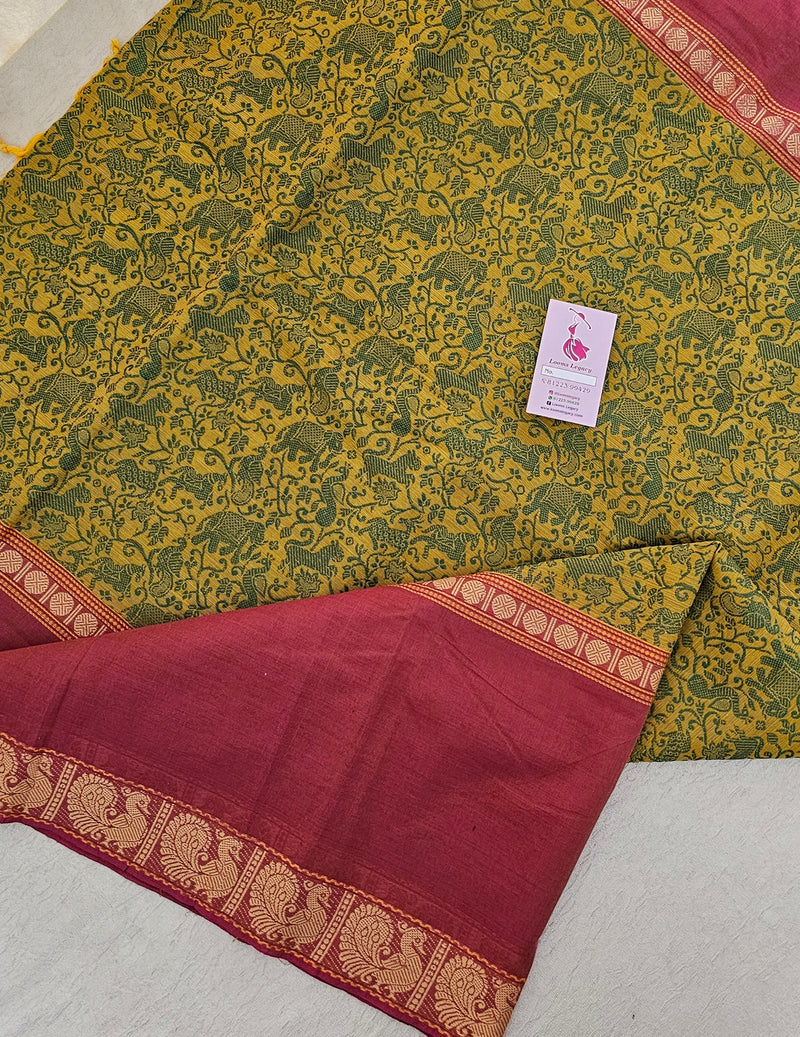 Yellow with Dark Onion Pink Vanasingram Pattern Kanchi Cotton