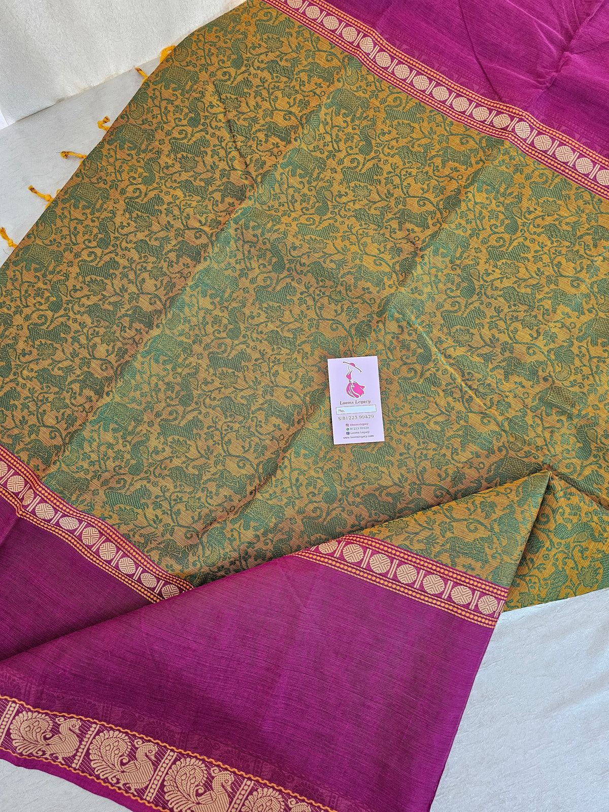 Mustard Yellow with Magenta Pink Vanasingram Pattern Kanchi Cotton