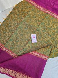 Mustard Yellow with Magenta Pink Vanasingram Pattern Kanchi Cotton