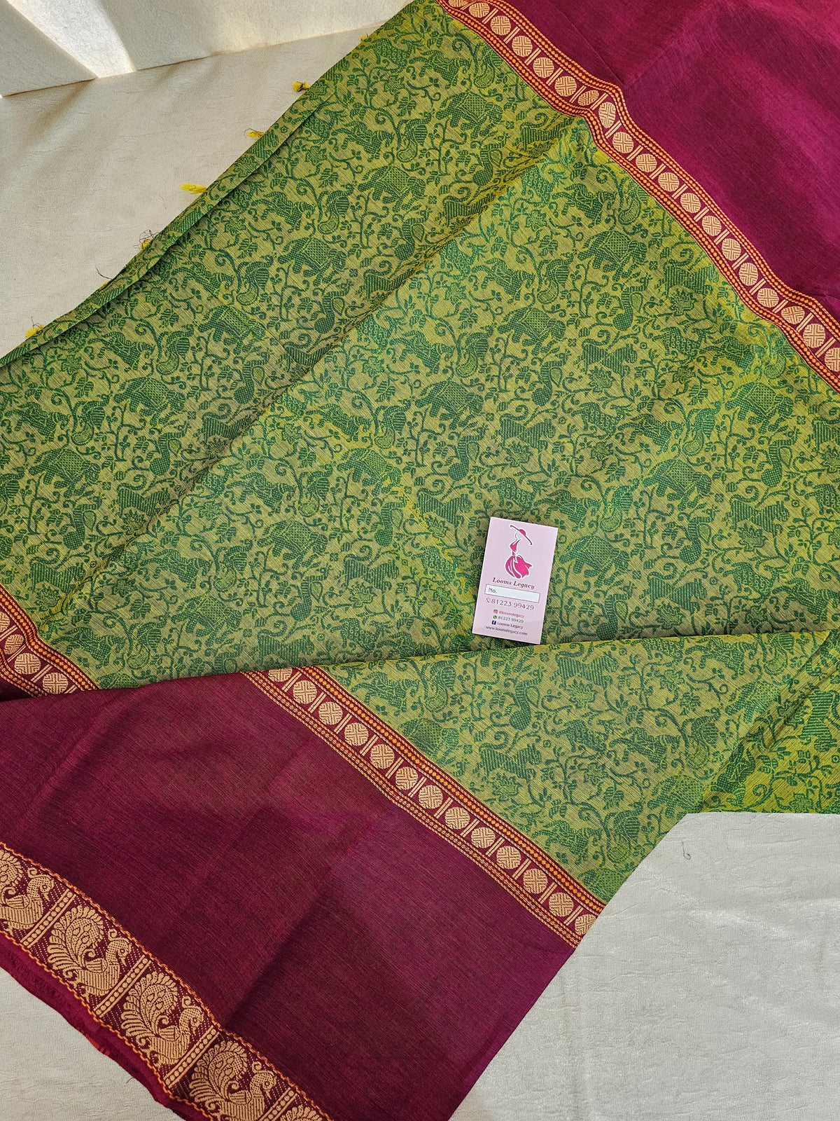 Lime Green with Magenta Pink Vanasingram Pattern Kanchi Cotton