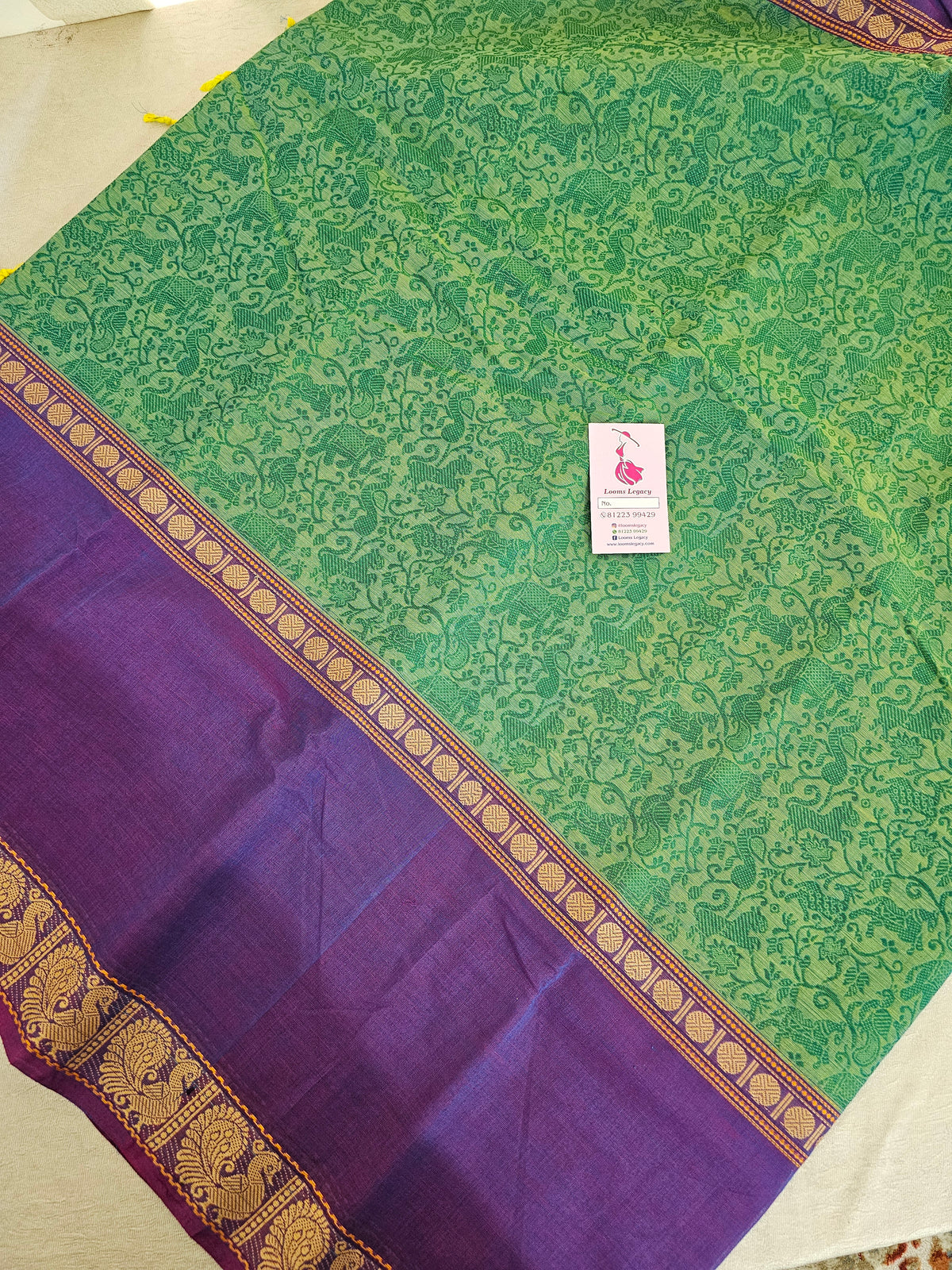 Green with Purple Vanasingram Pattern Kanchi Cotton