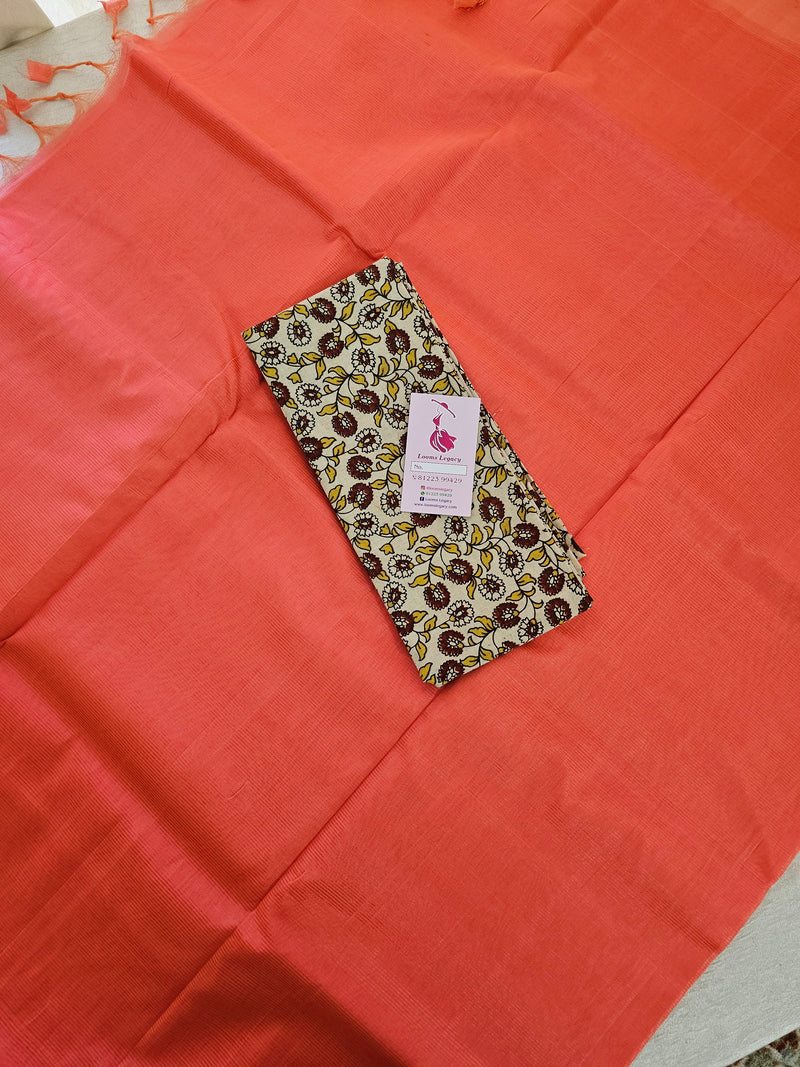 Handwoven Mangalagiri Plain Pattu Saree with Mix and Match Cotton Blouse - Peach