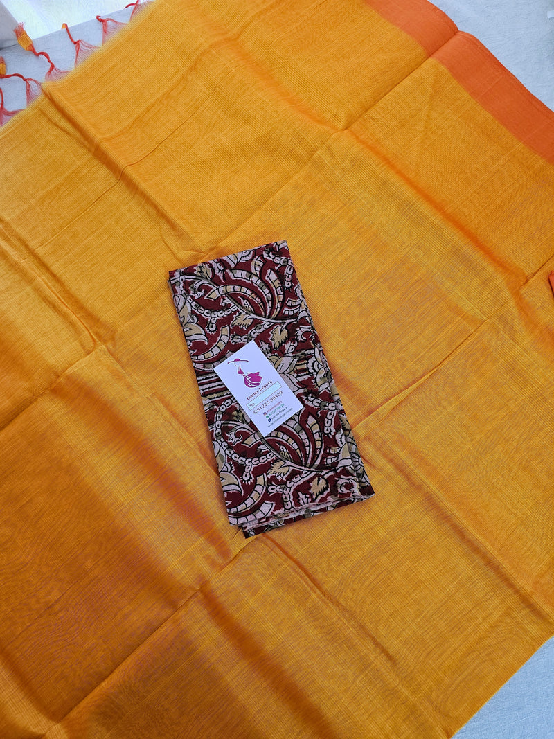 Handwoven Mangalagiri Plain Pattu Saree with Mix and Match Cotton Blouse - Mango Yellow