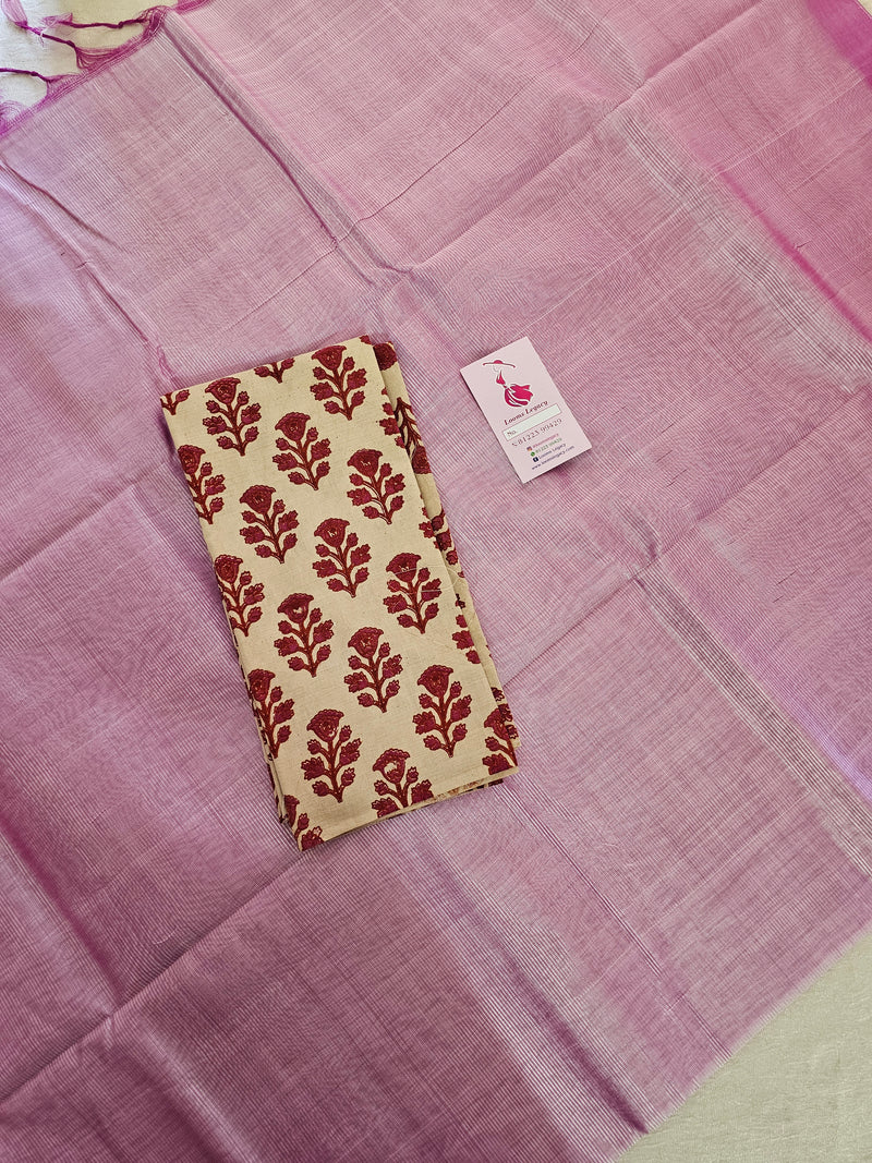 Handwoven Mangalagiri Plain Pattu Saree with Mix and Match Cotton Blouse - Rose Pink