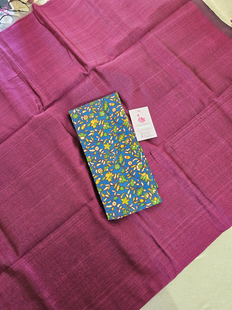 Handwoven Mangalagiri Plain Pattu Saree with Mix and Match Cotton Blouse - Magenta Pink