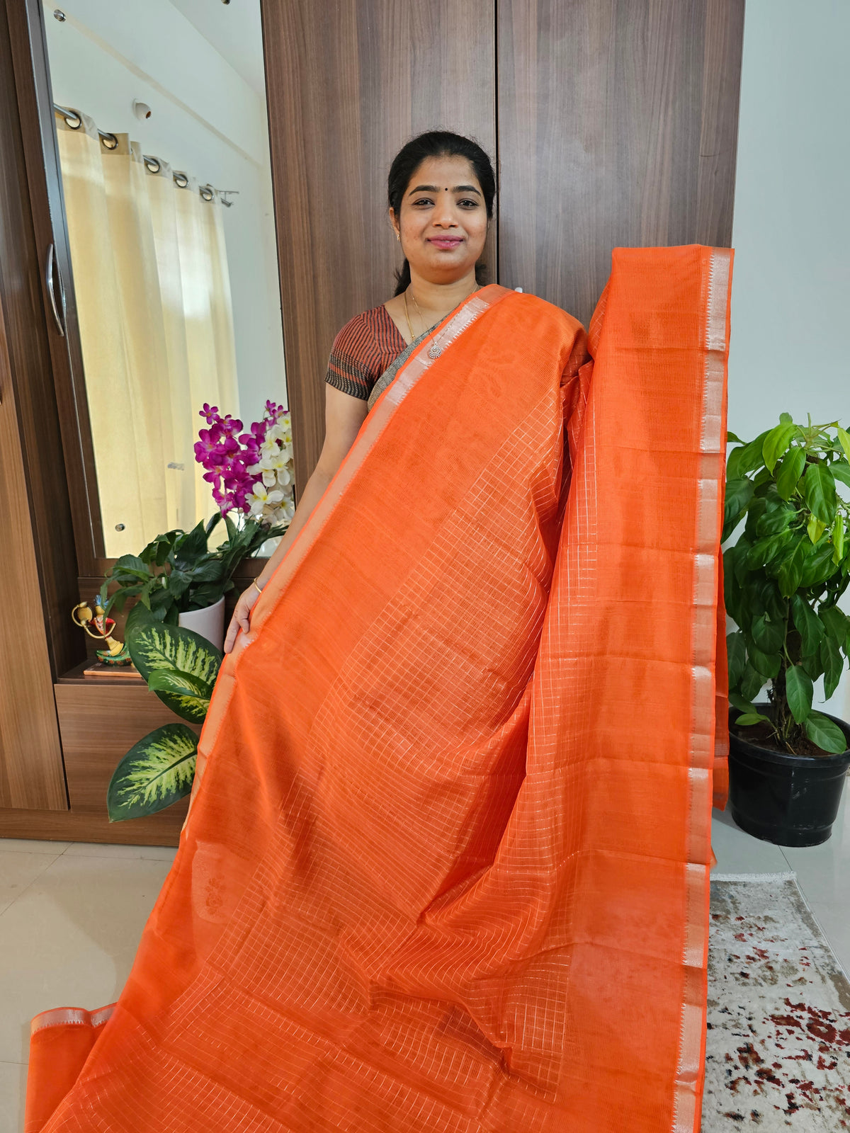 Handwoven Mangalagiri Pattu Saree with Beautiful  Small Checks - Orange