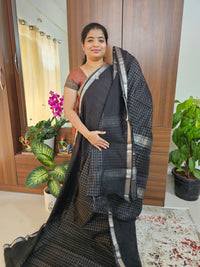 Handwoven Mangalagiri Pattu Saree with Beautiful  Small Checks - Black