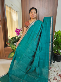 Handwoven Mangalagiri Pattu Saree with Beautiful  Small Checks - Peacock Green